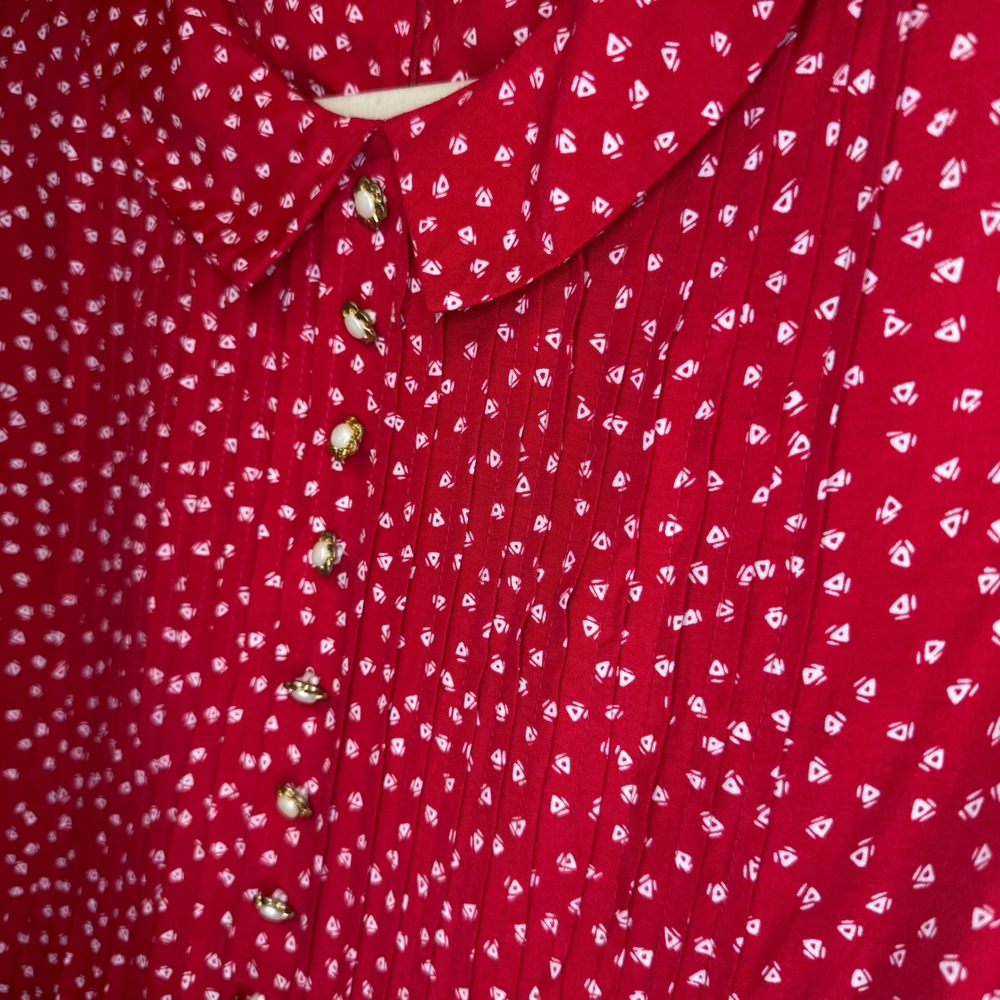 VTG Sunshine Starshine Red 80's Print Dress Peter Pan Collar Pleated sz 12 - Picture 2 of 10